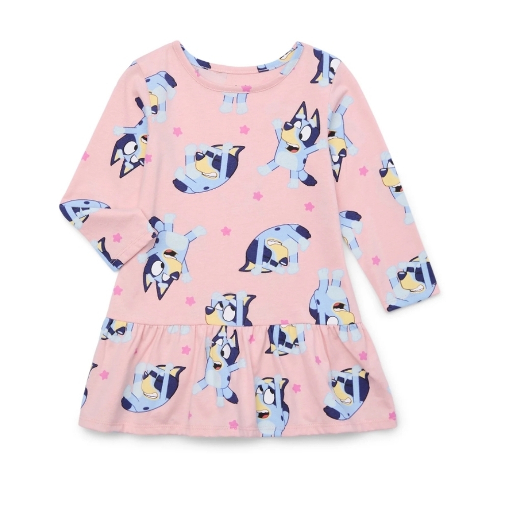 🔴Bluey Toddler Girl Print Drop Waist Dress with Long Sleeves, Size 3T